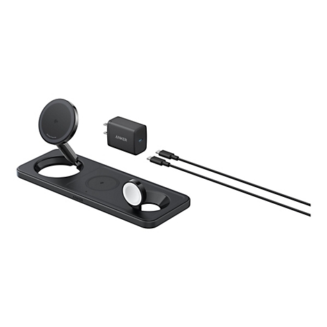 Schwarze Anker 3-in-1 kabellose Ladestation mit Netzteil und USB-C-Kabel auf weißem Hintergrund.
