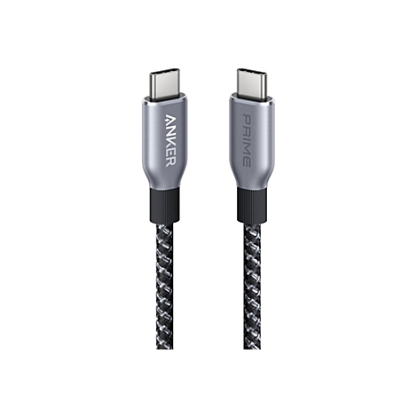 Zwei USB-C-Stecker von Anker Prime mit geflochtenem, schwarz-grauem Kabel vor weißem Hintergrund.