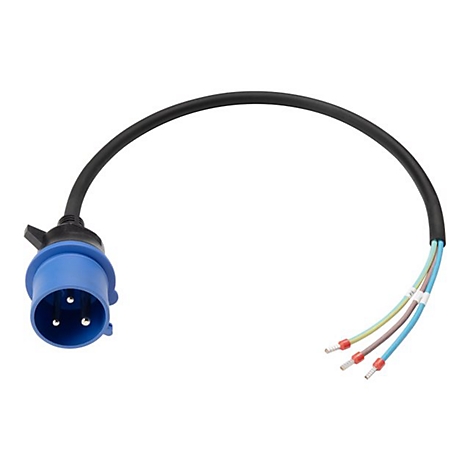 Blauer CEE-Stecker an einem schwarzen Kabel mit drei abisolierten, farbigen Aderenden vor weißem Hintergrund.