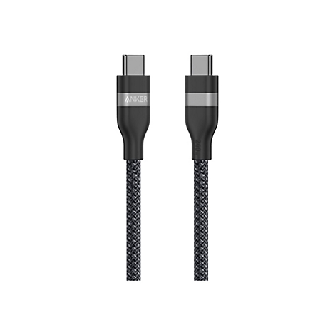 Zwei schwarze USB-C-Stecker eines geflochtenen Anker-Kabels mit 240W-Aufschrift vor weißem Hintergrund.