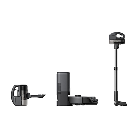 Drei Staubsauger-Komponenten vor weißem Hintergrund. Links ein Handstaubsauger, mittig eine Ladestation, rechts ein Stielstaubsauger.