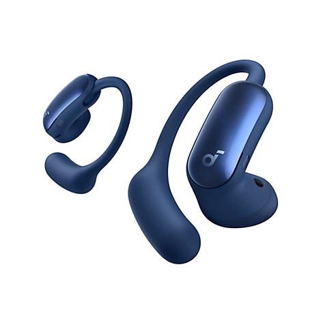 Dunkelblaue Soundcore Open-Ear-Kopfhörer mit Ohrbügeldesign vor weißem Hintergrund.