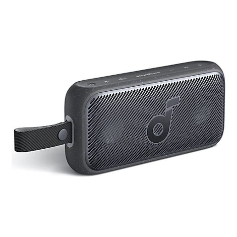 Schwarzer, rechteckiger Soundcore Bluetooth-Lautsprecher mit Trageschlaufe und gesprenkeltem Gehäuse vor weißem Hintergrund.