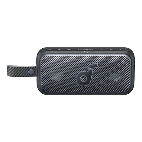 Schwarzer, rechteckiger Soundcore-Bluetooth-Lautsprecher mit Trageschlaufe und feinen Sprenkeln auf der Oberfläche.