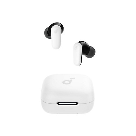 Weiße True-Wireless-Ohrhörer mit Ladecase vor weißem Hintergrund.