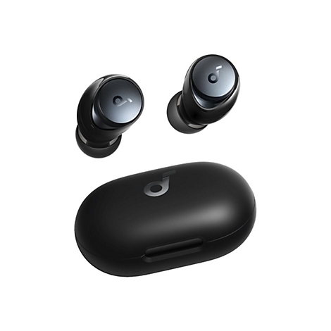 Schwarze In-Ear-Kopfhörer mit Ladecase und Soundcore-Logo auf weißem Hintergrund.