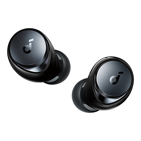 Zwei schwarze Soundcore In-Ear-Kopfhörer vor weißem Hintergrund mit dem Logo auf der glänzenden Oberfläche.