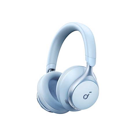 Hellblaue kabellose Over-Ear-Kopfhörer mit Soundcore-Logo vor weißem Hintergrund.