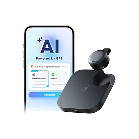Ein Smartphone zeigt eine KI-App-Oberfläche neben einem schwarzen Anker Soundcore Gerät und Ladeetui.