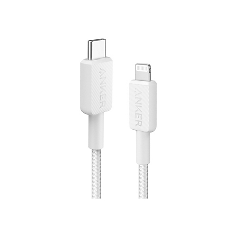 Zwei weiße Anker-Ladekabel: eines mit USB-C-Stecker, eines mit Lightning-Stecker, beide mit Textilummantelung.