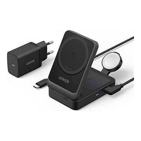 Schwarze, faltbare 3-in-1 Anker Ladestation mit Netzteil vor weißem Hintergrund.