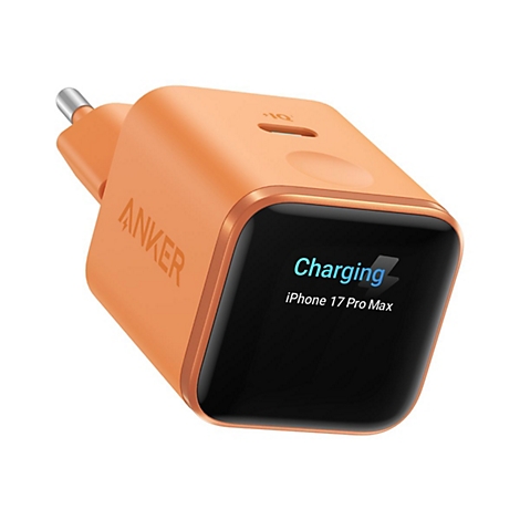 Oranges Anker Netzteil mit Display, das den Ladestatus für ein iPhone 17 Pro Max anzeigt.