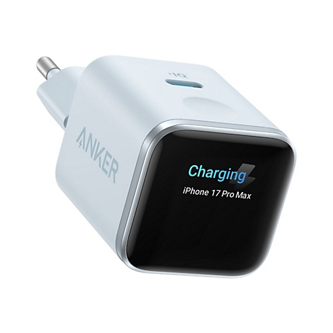 Weißes Anker-Ladegerät mit Display, das 'Charging iPhone 17 Pro Max' anzeigt, isoliert vor weißem Hintergrund.