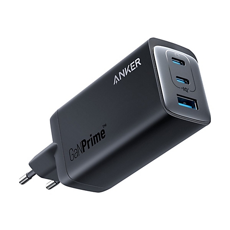 Schwarzes Anker-Ladegerät mit drei Ports, USB-C und USB-A, weißer Hintergrund. Schriftzug 'Anker GaNPrime'.