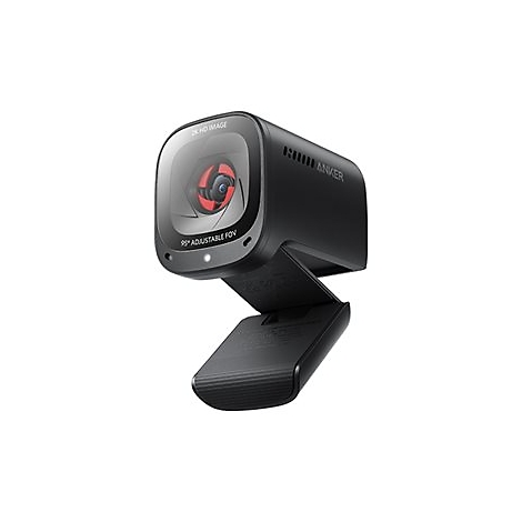 Schwarze Anker Webcam mit 2K-Auflösung und verstellbarem Sichtfeld auf einem Standfuß.