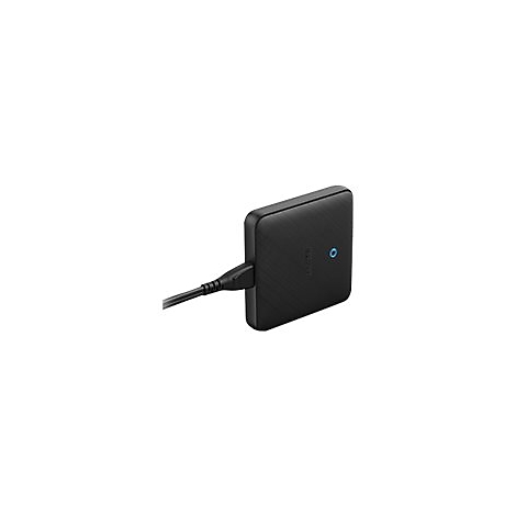 Schwarze, externe Festplatte mit USB-Kabel und leuchtender blauer Status-LED auf weißem Hintergrund.