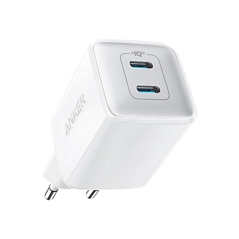 Weißes Anker-Netzteil mit zwei USB-C-Anschlüssen vor neutralem Hintergrund.