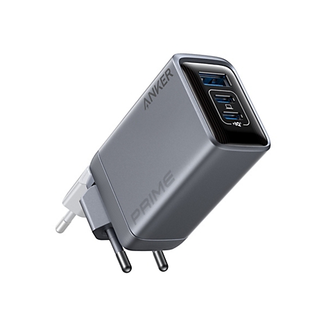 Graues Anker Prime Wandladegerät mit drei USB-Anschlüssen vor weißem Hintergrund.