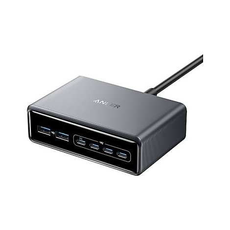 Graue Anker USB-C Dockingstation mit diversen Anschlüssen auf einer schwarzen Frontblende.