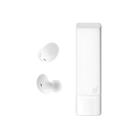 Weiße Soundcore In-Ear-Kopfhörer mit länglichem Ladecase vor weißem Hintergrund.