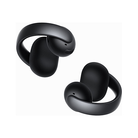 Zwei schwarze, bügelförmige In-Ear-Kopfhörer vor weißem Hintergrund.
