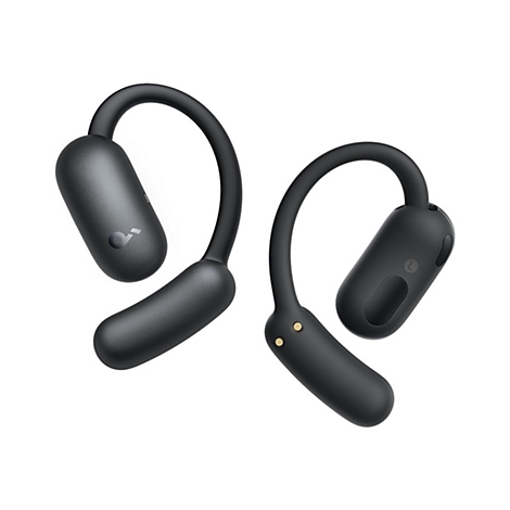 Zwei schwarze Open-Ear-Kopfhörer mit Ohrbügeln auf weißem Hintergrund.