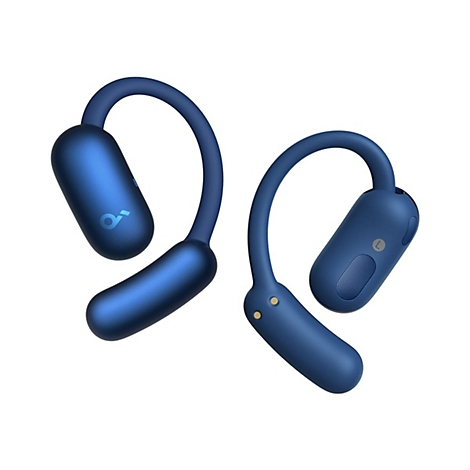 Dunkelblaue Bluetooth-Ohrhörer mit Bügeln zur Befestigung am Ohr auf weißem Hintergrund.