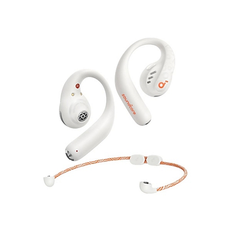 Weiße Soundcore Open-Ear-Kopfhörer mit Ohrbügeln und einem gemusterten, orangen Nackenband auf weißem Hintergrund.