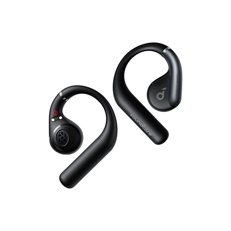 Schwarze Soundcore AeroFit Open-Ear-Kopfhörer mit Ohrbügeln vor weißem Hintergrund.