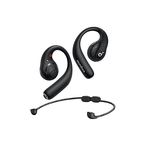 Zwei schwarze Soundcore Sport-Ohrhörer mit Ohrbügeln und einem verbundenen Nackenband auf weißem Grund.