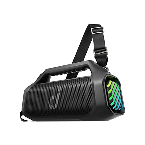 Schwarzer tragbarer Bluetooth-Lautsprecher mit Tragegriff, Schultergurt und seitlicher, bunter LED-Beleuchtung.
