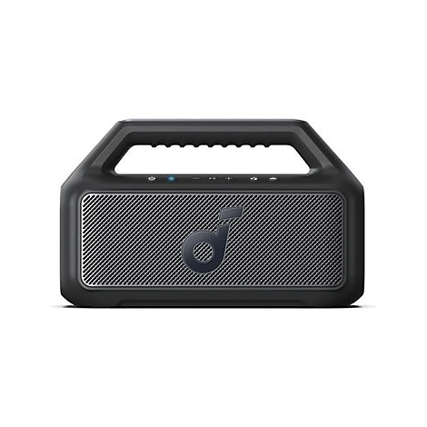 Schwarzer, tragbarer Bluetooth-Lautsprecher mit Tragegriff und mittigem Soundcore-Logo vor hellem Hintergrund.