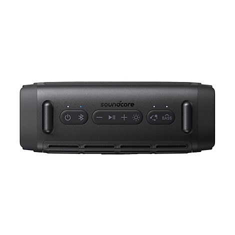 Draufsicht eines schwarzen Soundcore Lautsprechers mit deutlich sichtbaren Tasten für Lautstärke, Bluetooth und Bass.