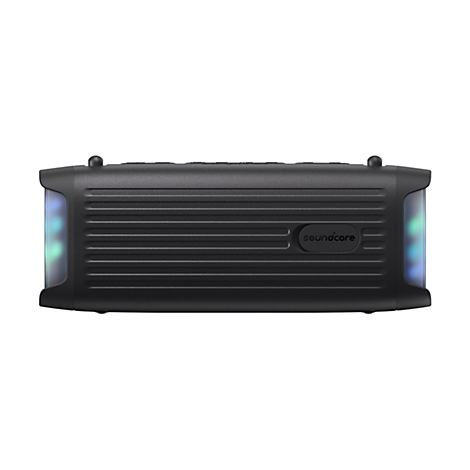 Schwarzer, horizontaler Soundcore Bluetooth-Lautsprecher mit gerippter Oberfläche und dezenten Lichteffekten an den Seiten.