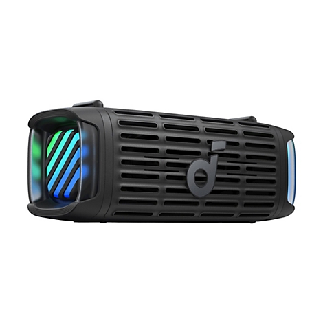 Schwarzer, zylindrischer Bluetooth-Lautsprecher mit LED-Beleuchtung an den Seiten und Soundcore-Logo auf der Vorderseite.