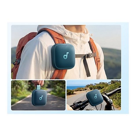 Blauer, quadratischer Soundcore Lautsprecher wird am Rucksack, in der Hand und am Fahrradlenker getragen.