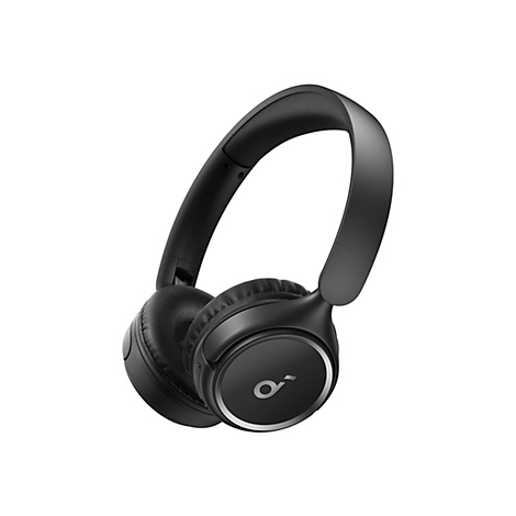 Schwarze kabellose Over-Ear-Kopfhörer mit Logo auf weißem Hintergrund.