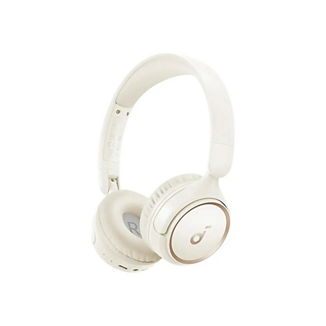 Cremeweiße Soundcore Over-Ear-Kopfhörer mit goldenem Akzent vor weißem Hintergrund.