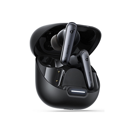 Schwarzes Soundcore In-Ear-Kopfhörer-Set in geöffnetem Ladecase mit beleuchteter Statusanzeige.