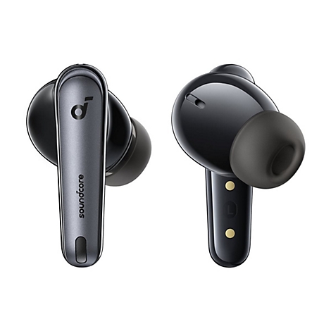 Zwei schwarze Soundcore In-Ear-Kopfhörer vor weißem Hintergrund, einer von vorn, einer von der Seite.
