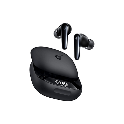 Schwarze kabellose In-Ear-Kopfhörer mit offenem Ladecase, das eine digitale Prozentanzeige aufweist.