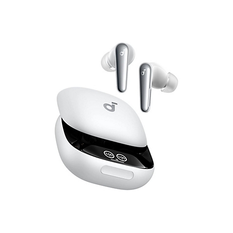 Weiße Soundcore In-Ear-Kopfhörer mit Ladecase, das eine digitale Ladeanzeige mit 100-Prozent-Anzeige zeigt.