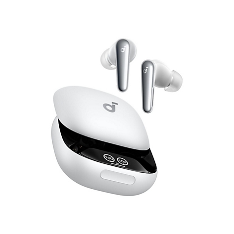 Weiße Soundcore In-Ear-Kopfhörer mit Ladecase und digitaler Prozentanzeige vor weißem Hintergrund.