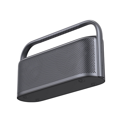 Grauer, tragbarer Bluetooth-Lautsprecher mit perforiertem Gitter, Tragegriff und Aufschrift Spatial Harmony.