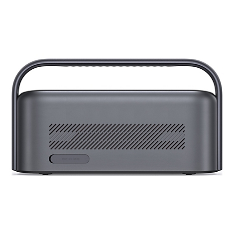 Grauer, länglicher Bluetooth-Lautsprecher mit Tragegriff und diagonalem Lüftungsgitter, Modellbeschriftung Motion X600.