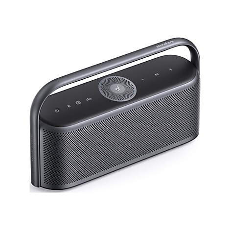Grauer, tragbarer Soundcore-Bluetooth-Lautsprecher mit Tragegriff, Bedienelementen und perforierter Front.