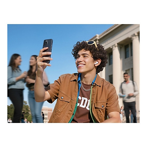 Junger Mann macht lächelnd ein Selfie vor einem Campus-Gebäude, weiße In-Ear-Kopfhörer tragend.