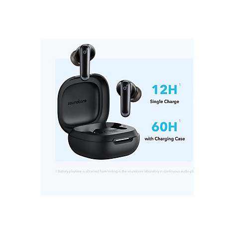 Schwarze Soundcore In-Ear-Kopfhörer mit Ladecase, beworben mit 12 Stunden Akkulaufzeit und 60 Stunden Gesamtlaufzeit.