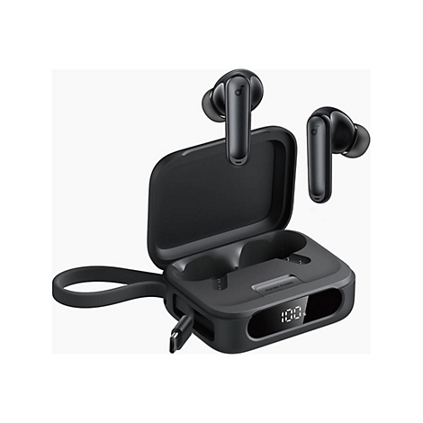 Schwarze kabellose In-Ear-Kopfhörer mit Ladecase, das eine Prozentanzeige und einen integrierten Handyhalter zeigt.
