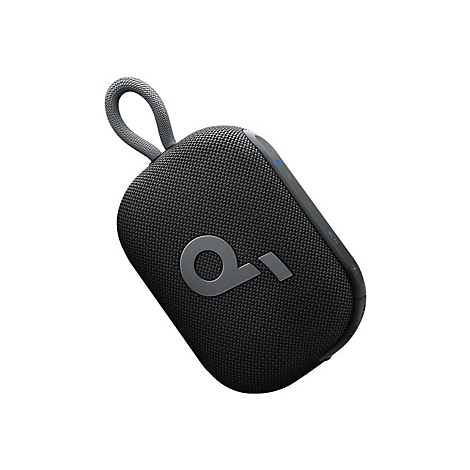 Kompakter schwarzer Bluetooth-Lautsprecher mit Trageschlaufe und silbernem Logo vor weißem Hintergrund.